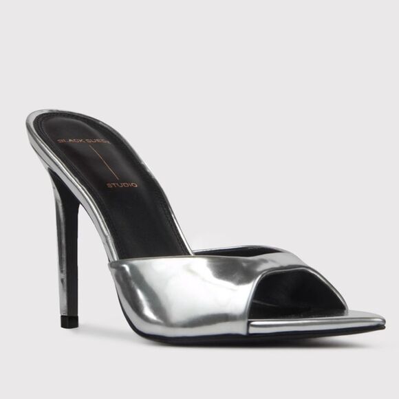 Black Suede Studio Brea Mules shoes silver metallic high heels Revolve 40 10